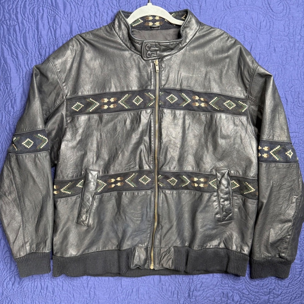 Adler Mens XL Black Leather Bomber Jacket Southwestern Aztec Knit Vintage Cowboy